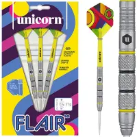 Unicorn Dartsæt | Flair 2 | 80 % naturlige wolframtønder med sorte og gule accenter & laserætset U-logo stempel | Stålspids | 21 g | Ekstra fly og