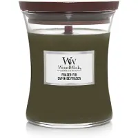 Woodwick Mellemstor timeglasduftlys Frasier Fir med knitrende veke Op til 60 timers brændetid