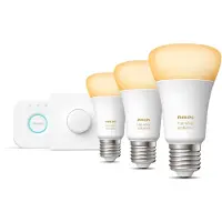 Philips Hue White ambiance starterkit: 3 E27 smarte pærer (1100) + smart button - op til 1055 lumen - varm til kold hvid - Hue Bridge og smart button medfølger