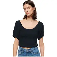 Superdry Superdrytil kvinder. W6011857A Navy strikket T-shirt med flæser (XS), Casual, Viscose, Korte ærmer, Blå