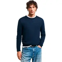 Gant Ganttil mænd. 8050205 Trøje i ekstra fin merinould med navyfarvet rund hals (3XL), Casual, Bomuld, Lange ærmer, Blå