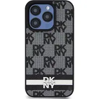 DKNY ternet læderetui med ensfarvet mønster og trykte striber til iPhone 15 Pro Max - Sort