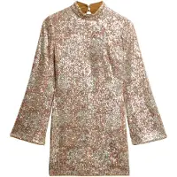 Superdry Superdrytil kvinder. W8011773A Guldfarvet langærmet minikjole med pailletprint og pailletter (L), Party, Lange ærmer, Genanvendt polister, B