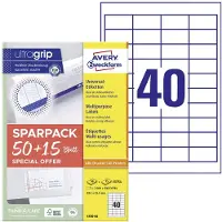 Avery Universaletiketter 48,5x25,4 mm, hvid med Ultragrip + 30% ekstra indhold - (65 ark x 40 stk.)