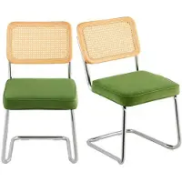 Vevor Rattanstole, sæt med 2, Mid Century Modern spisestuestol, polstret fløjlsstol med rattanryg, retro spisestuekøkkenstol til stue, soveværelse, læsestue, kontor, grøn