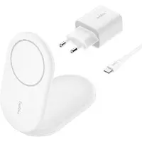 Belkin BoostCharge - Trådløs opladningsstander - magnetisk, foldbar, med Qi2 + AC-strømadapter - 15 Watt - 3 A - Fast Charge, Power Delivery 3.1 - hvid