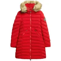 Superdry Superdrytil kvinder. W5011789A Mellemlang frakke med hætte og imiteret pelskant Fuji-rød (L), Casual, Genanvendt polister, Bæredygtig