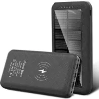 Mtp Products Solar Power Bank 20000mAh m. trådløs opladning, 3x USB-porte, dobbelt LED-lommelygte - Sort