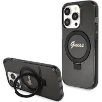 GUESS Ring Stand Script Glitter MagSafe-etui til iPhone 15 Pro - sort