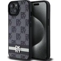DKNY ternet læderetui med ensfarvet mønster og trykte striber til iPhone 15/14/13 - Sort