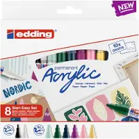 Edding Start Easy Set - Akrylmalingspenne Vandt?t; Fin og medium nib inkl. Postkortpude - S?t med 8 akrylpenne (Nordic) - Akrylpenne til l?rred e