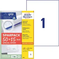 Avery Universaletiketter 210x297 mm, hvid med Ultragrip +30% ekstra indhold - (65 ark)