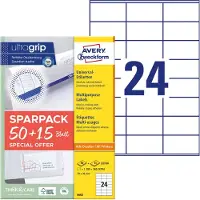 Avery Universaletiketter 70x36 mm, hvid med Ultragrip + 30% ekstra indhold - (65 ark x 24 stk.)
