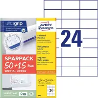 Avery Universaletiketter 70x37 mm, hvid med Ultragrip + 30% ekstra indhold - (65 ark x 24 stk.)
