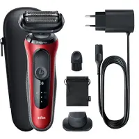 Braun Series 6 61-R1200s, Folie shaver, Sort, Rød, SensoFlex, SensoFoil, Knapper, LED, Batteri