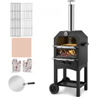 Vevor udendørs pizzaovn, 12" brændeovn, 2-lags pizzaovn med brændefyring, udendørs pizzaovn med brændefyring og 2 aftagelige hjul, maks. temperatur på 700℉, brændefyret pizzabager, grillovne