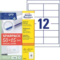 Avery Universaletiketter 97x42,3 mm, hvid med Ultragrip + 30% ekstra indhold - (65 ark x 12 stk.)