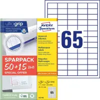 Avery Universaletiketter 38x21,2 mm, hvid med Ultragrip + 30% ekstra indhold - (65 ark x 65 stk.)