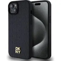 DKNY Læder Monogram Mønster Metal Logo MagSafe Etui til iPhone 15 Plus / 14 Plus - Sort