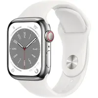 Apple Watch Series 8 (GPS + Cellular) - 41 mm - sølv rustfrit stål - smart ur med sportsbånd - fluoroelastomer - hvid - båndstørrelse: Almindelig - 32 GB - Wi-Fi, Bluetooth, LTE, UWB - 4G - 42.3 g