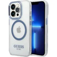 GUESS Metal Outline MagSafe-etui til iPhone 14 Pro - blå