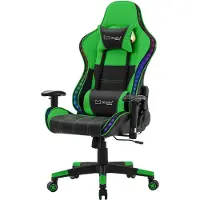 ML-Design Gamingstol med RGB LED-belysning og Bluetooth-højttalere; grøn; kunstlæder; ergonomisk kontorstol; højt ryglæn; nakkestøtte; lændestøtte;
