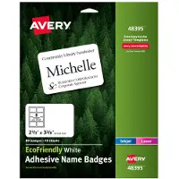 Avery EcoFriendly Genbrugte navneskilte 2-1/3" x 3-3/8" hvidt aftageligt kl?bemiddel 80 navneskilte, der kan udskrives (48395)