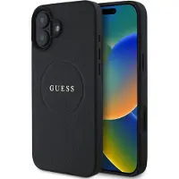 GUESS Grained Gold Ring MagSafe-etui til iPhone 16 Plus - sort