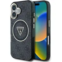 GUESS IML Metal Glitter 4G Circle Triangle MagSafe-etui til iPhone 16 - Sort