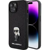 Karl Lagerfeld iPhone 15 cover med fast glimmer og Ikonik-logo, sort