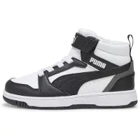 Puma Rebound V6 Mid Sneakers Kids, Shoes, White/Black/Shadow Gray, 34.5