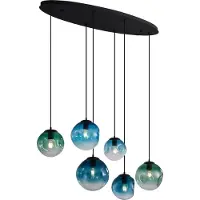 QAZQA Art Deco Pendel Lampe Sort med Oval Loftplade og Grønt og Blåt Glas 6-Lys - Douglass