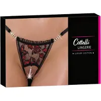 Cottelli Sort G-streng med Blonder, Sten & Perler