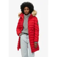 Superdry Superdrytil kvinder. W5011789A Mellemlang frakke med hætte og imiteret pelskant Fuji-rød (M), Casual, Genanvendt polister, Bæredygtig