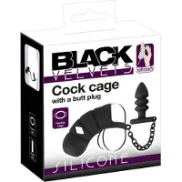 Black Velvets Cock Cage with Butt Plug