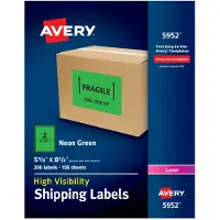 Avery 5952 Neon Shipping Label Laser 5 1/2 x 8 1/2 Neon Green 200/Box