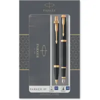 Parker IM dobbelt sæt med fyldepen og kuglepen med sort lak med detaljer i guld, medium spids med blå blæk, gavesæt