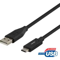 Deltaco USB 2.0 kabel, Type A - Type C han, 1m, sort