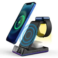 Mtp Products Z6 Foldbar 5-i-1 15W Magnetisk Trådløs Oplader med Blændende Atmosfærelys/Digitalt Ur