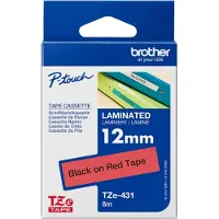 Brother 12 mm tape, sort tekst på rød bund, lamineret, 8 m TZE431 Modsvarer: N/A