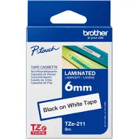 Brother 6mm tape, sort tekst på hvid bund, lamineret, stærk lim, 8m