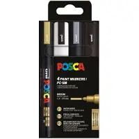 Posca Tuscher - PC-5M - 4 stk. - Sort/Hvid/Sølv/Guld - - OneSize - Tusch