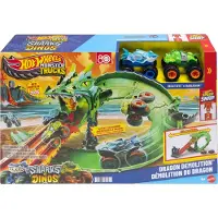 Hot Wheels Monster Trucks Sharks vs Dinos Dragon Destruction legesæt og 2 legetøjslastbiler