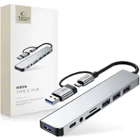 Tech-Protect HB06 HUB Adapter 8in1 TYPE-C + USB2.0 + USB3.0 + SD/TF + AV3.5 - Grey USB hub - USB 2.0 - 8 ports - Grå
