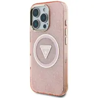 GUESS IML Metal Glitter 4G Circle Triangle MagSafe-etui til iPhone 16 Pro - Pink