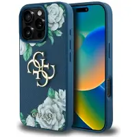 GUESS Grained Roses Big 4G-logotaske til iPhone 16 Pro - blå