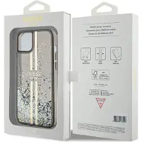 GUESS Liquid Glitter Gold Stripes-etui til iPhone 15 Plus / 14 Plus - sort