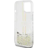 GUESS Liquid Glitter Gold Stripes-etui til iPhone 15 Plus / 14 Plus - gennemsigtigt