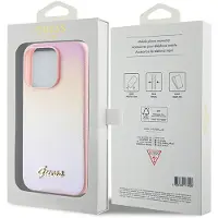 GUESS Saffiano Iridescent Script-etui til iPhone 15 Pro - pink