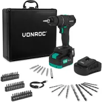 Vonroc Boremaskine 20V – PRO | Kompakt & Kraftfuld | Børsteløs Motor | 40Nm | 46 dele Tilbehør | Inkl. 4.0Ah Akku & Oplader | Premium Kuffert